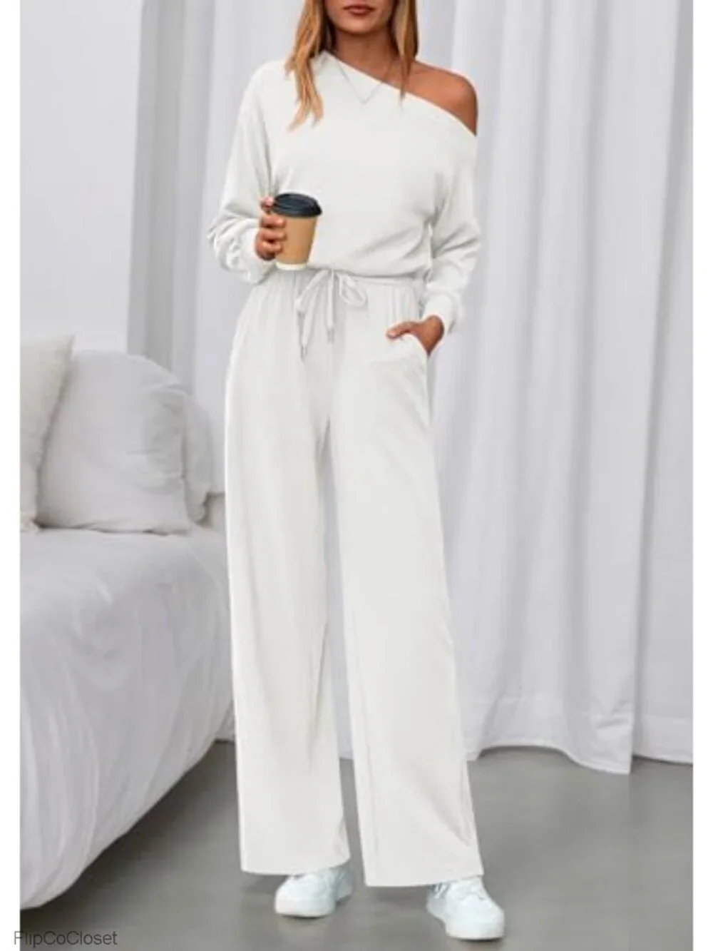 Off Shoulder Long Sleeve Jumpsuit with Pockets - 94% Polyester 6% Elastane